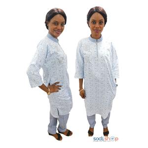 Prêt à porter pour femme tissu coton bleu blanche motif