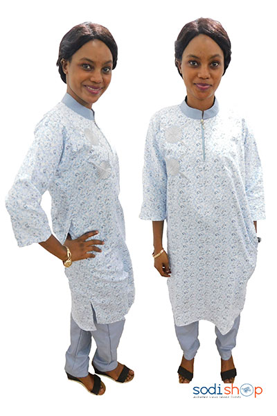 Prêt à porter pour femme tissu coton bleu blanche motif