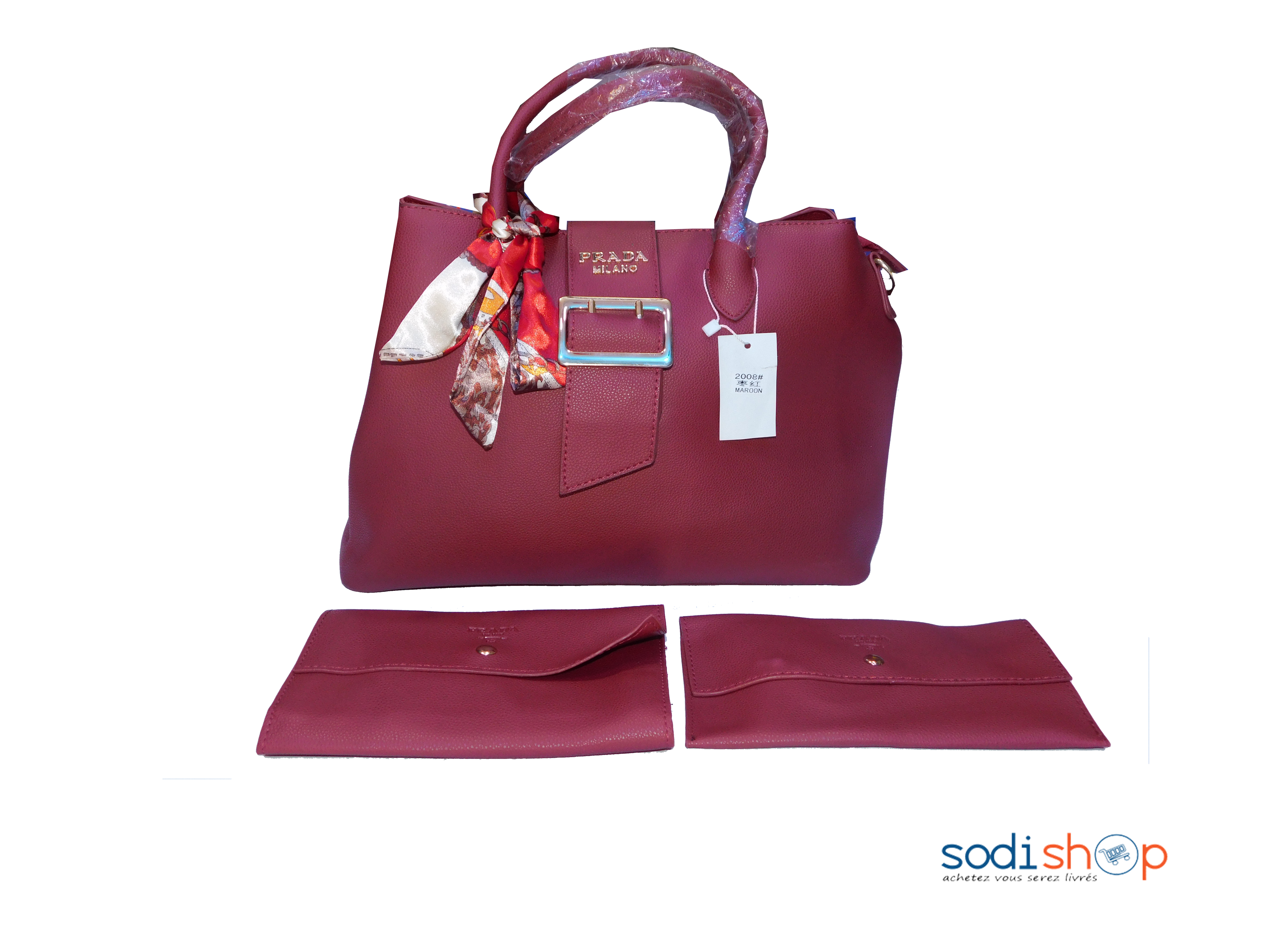 Ensemble Sac à Main Prada + Pochette couleur Rouge Bordeau KS009