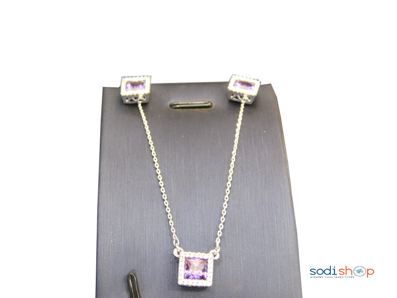 Ensemble argenté annaux pierre violet +collier +boucle