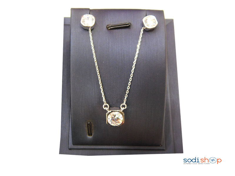 Ensemble bijoux argenté annaux pierre blanc -collier - boucle d'oreille