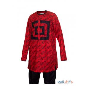 Sodifini - Ensemble Homme Style Africain - Rouge Noir -  Manche Longue - MJ0022