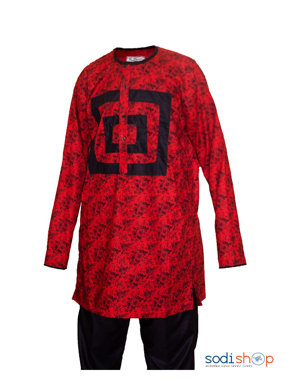 Sodifini - Ensemble Homme Style Africain - Rouge Noir - Manche Longue - MJ0022
