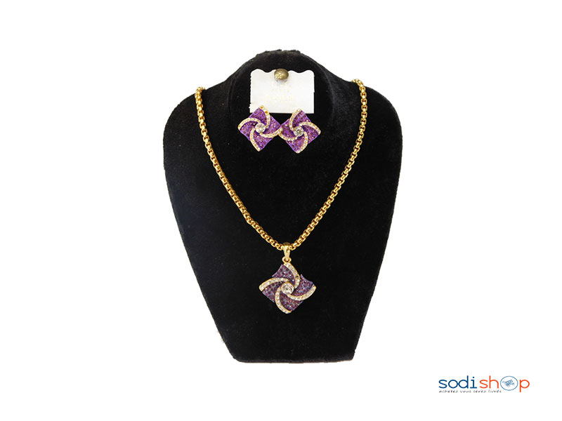 Ensemble de Bijou collier violet +2 boucle d'oreille - plaque d'or