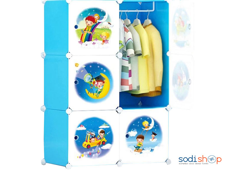 Armoire de Rangement de Vêtements Double Battants 6 Cubes Bleu-Blanc Mobile - CH0029