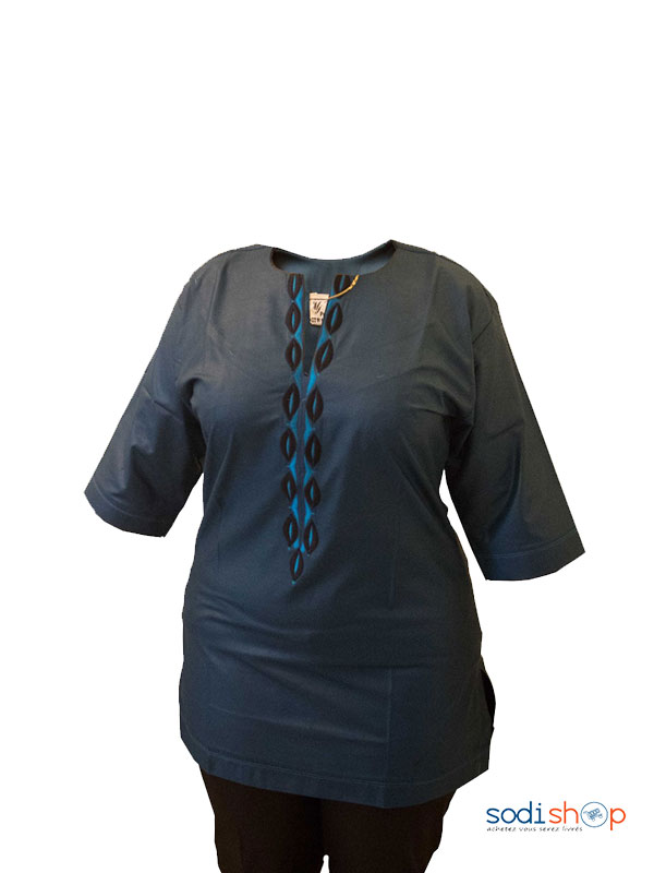 Ensemble Bleue Noir +Motifs Broderie femme style Africain MJ0021