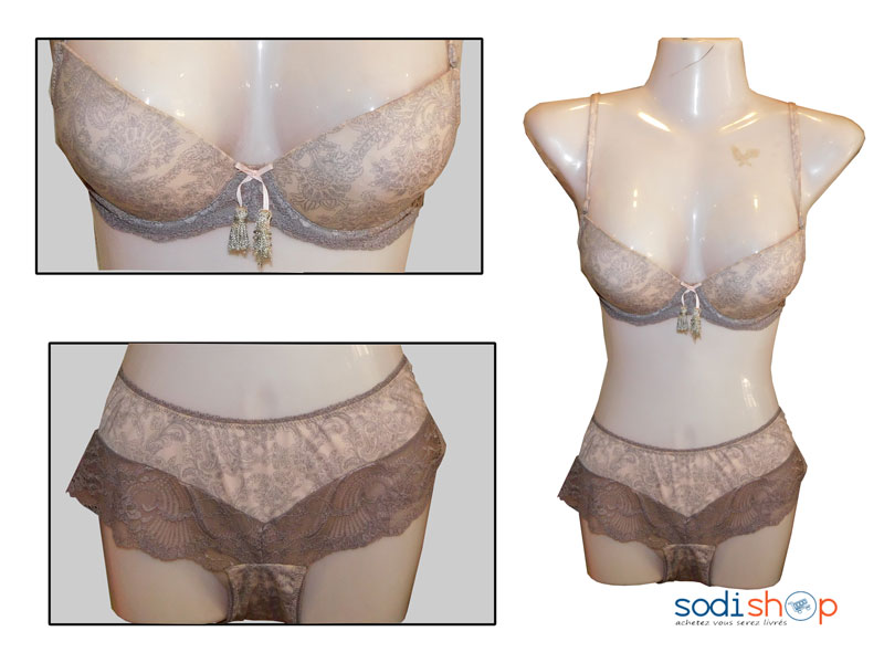 Ensemble Soutien-Gorge + Petite Culotte Brodée Couleur Marron