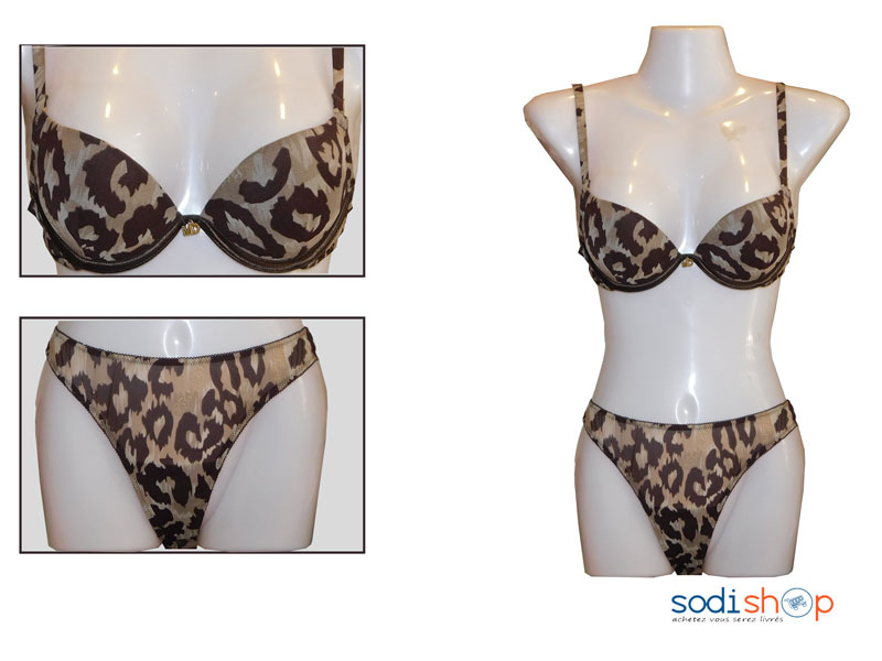 Ensemble Soutien-Gorge + Maillot en Tuile Imprimé Couleur Marron