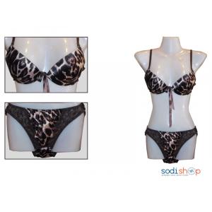 Ensemble  Soutien-Gorge + maillot en Satin et Dentelle imprimé  Couleur Noire et Marron