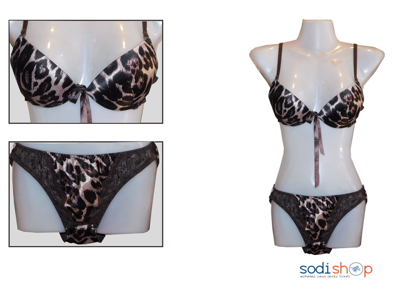 Ensemble Soutien-Gorge + maillot en Satin et Dentelle imprimé Couleur Noire et Marron