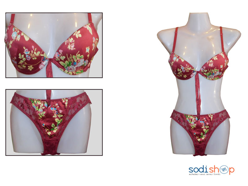 Ensemble Soutien-Gorge + Maillot en Satin Couleur Rouge