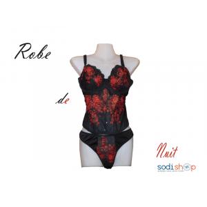Nuisette Robe de Nuit à Tuile Brodé  Deux Pièces Couleur Noire Rouge