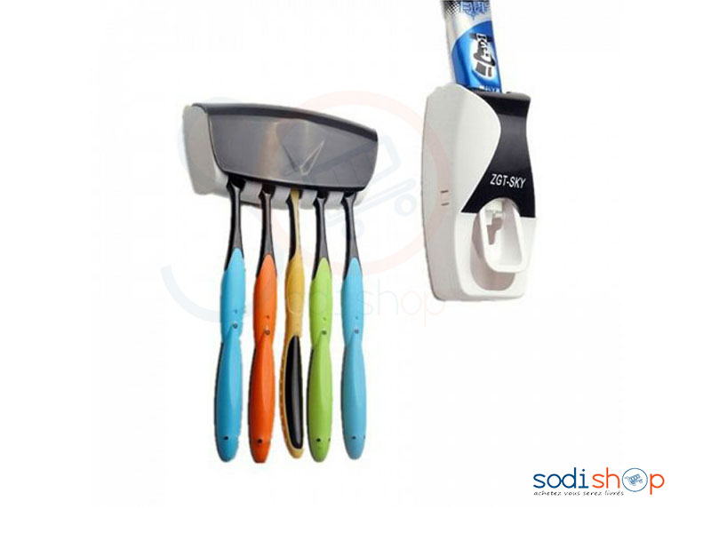 Support Brosse à Dents 5 Porte pour Famille Ventouse Plastique et Distributeur de Dentifrice - AS0036