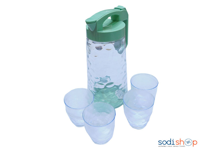 Carafe en verre 1 Litre avec couvercle en plastique plus 4Verres à boire-VI0050