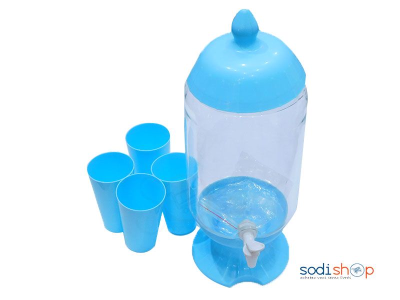 Carafe- Distributeur d’eau- de Boissons avec robinet et 4 bols en plastique VI0050