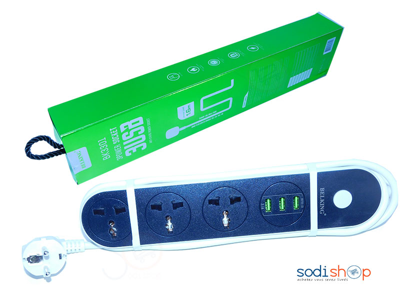 Rallonge Belking longue BK3301 3 prises 220V plus 3 ports USB 5 V 3.1A 200 CM