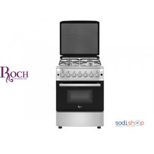 Four- Gazinière à 4 Feux Roch C5402-BL- 50*50 Couleur : Argent  Matiere : Inox Allumage Automatique Couvercle en verre Plateau en acier inoxydable Four à Gaz -DO0037