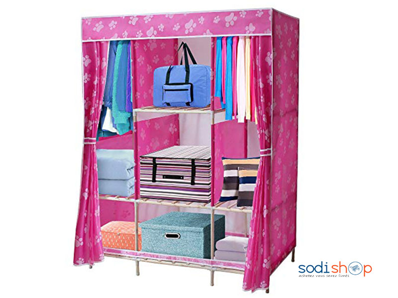 Armoire Pliable avec armoire en Tissu avec supports en bois-placard de rangement à la maison (rose + empreinte)-AN0051