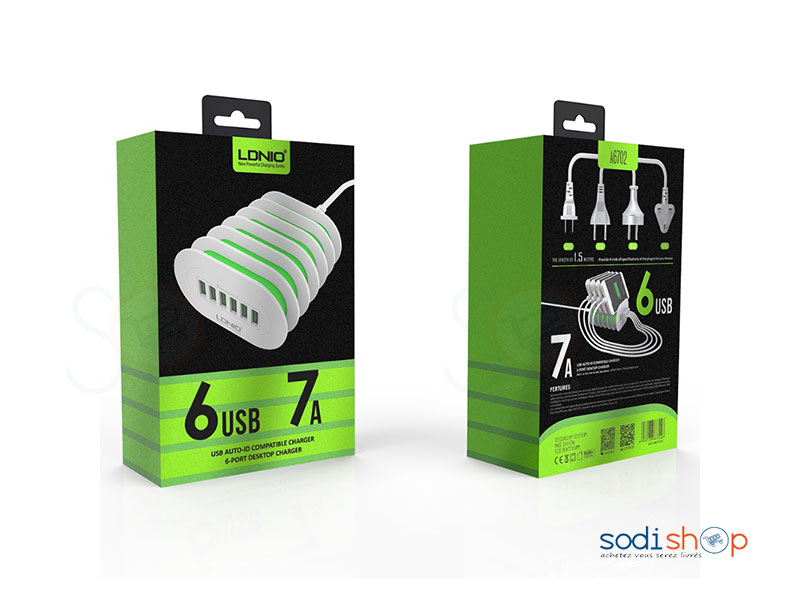 Chargeur Multiports USB LDNIO A6702 6 ports USB 5V-7A AC100 240V 50-60HZ – Image 2