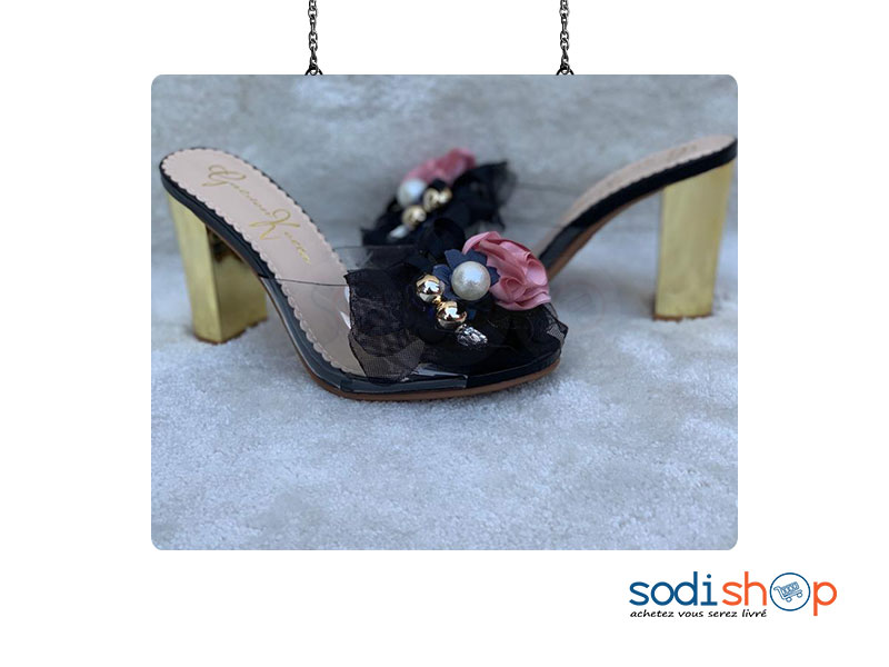 Chaussure à Talon Carré Pour Femme Couleur Dorée Noire Transparente AU0059