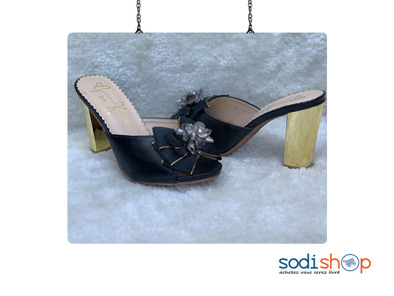 Chaussure à Talon Carré Pour Femme Couleur Noire Dorée AU0059