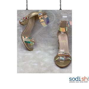 Chaussure à Talon Carré Pour Femme Couleur Dorée Perlée AU0059
