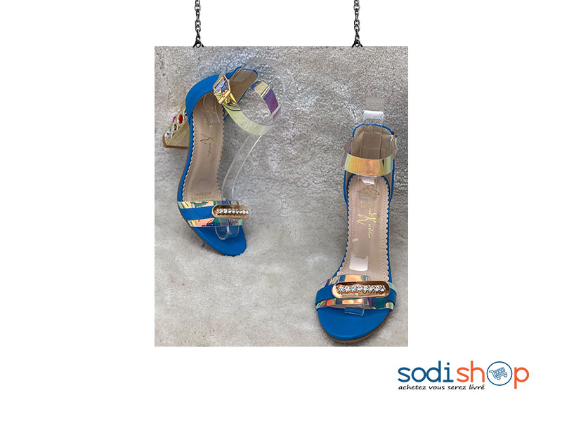 Chaussure à Talon Carré Pour Femme Couleur Bleue Perlée AU0059