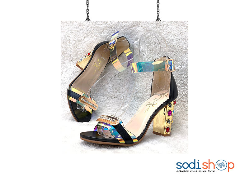 Chaussure à Talon Carré Pour Femme Couleur Noire Perlée AU0059