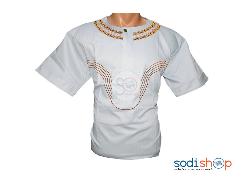Chemise à Motif Africaine - Couleur Gris Clair, Manches Courtes GJ0058