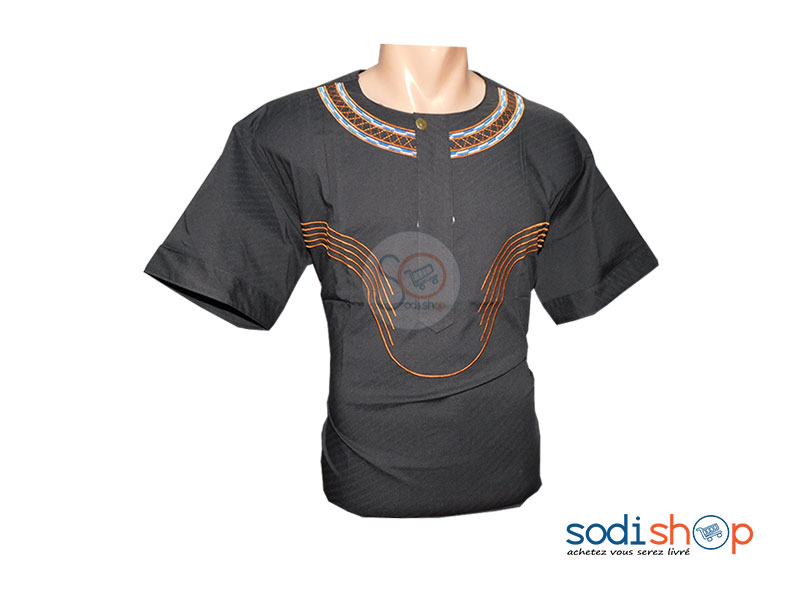 Chemise à Motif Africaine - Couleur Noir, Manches Courtes GJ0058