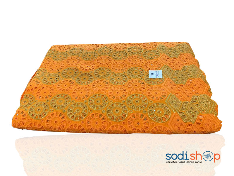 Tissu Broder à Motif Rond Orange Vert 1 Mètre GF0059