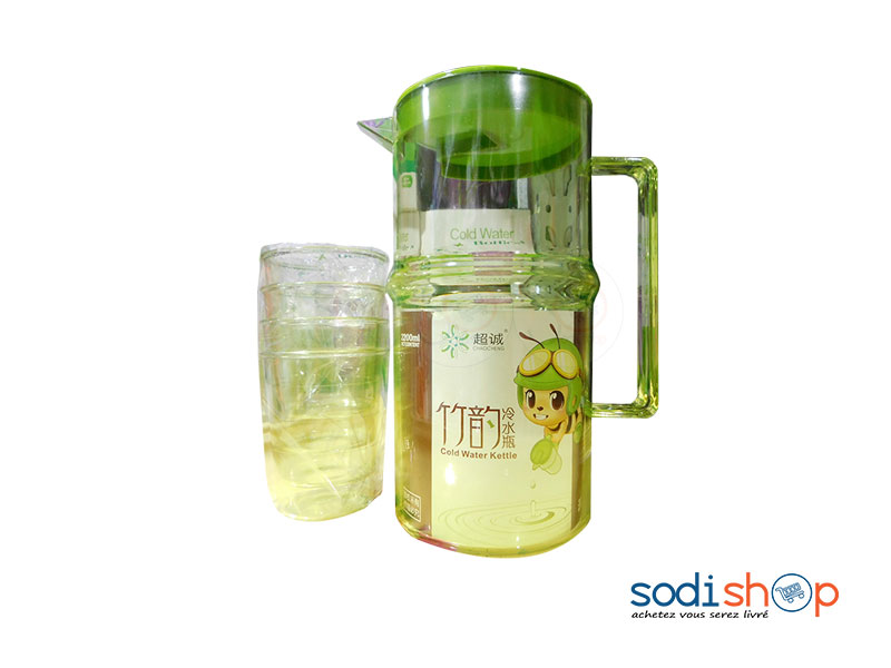 Carafe en Plastique + 4 Bols - Couleur Vert Transparent, 2200 ml LB0060