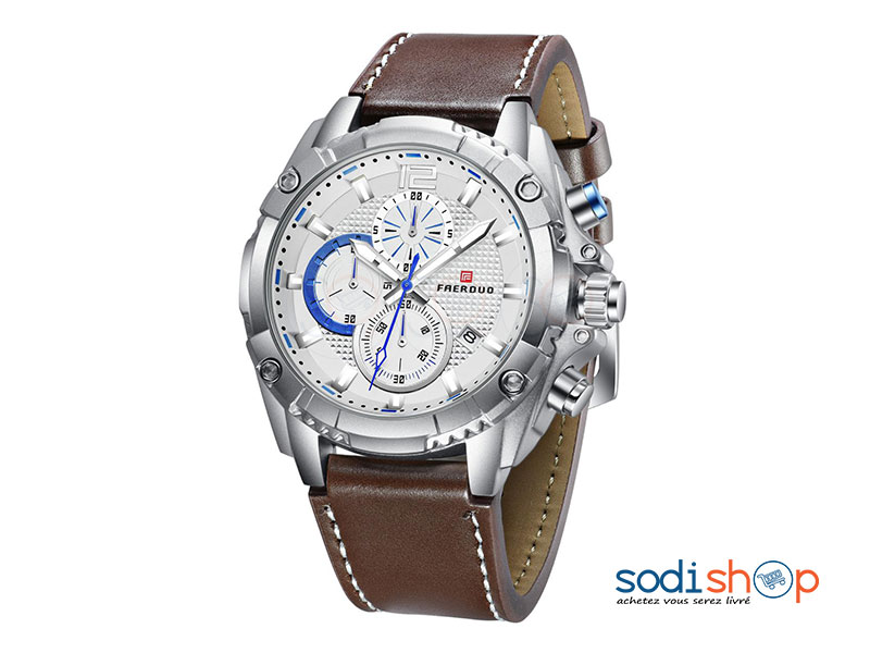 FAERDUO Montre de luxe F8213M en cuir pour homme d'affaires avec date - Couleur Marron/Argent - SODI00
