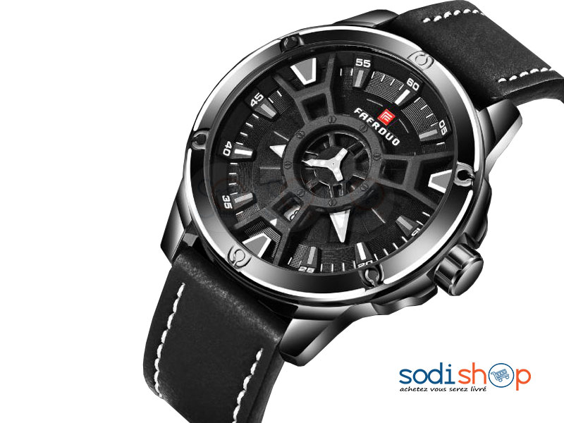Montre en cuir de marque FAERDUO pour homme de Luxe Couleur Noir - SODI00