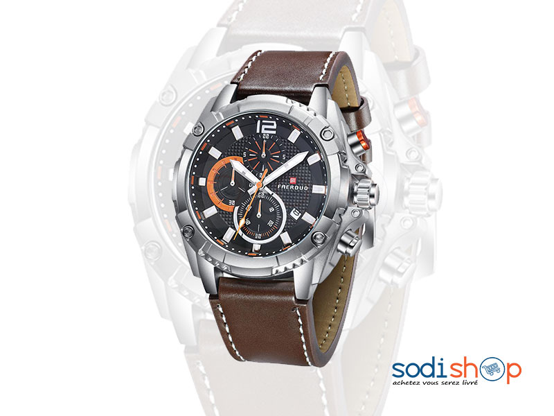Montre FAERDUO F8213M à Quartz Bracelet en Cuir Marron Pour Homme SODI00