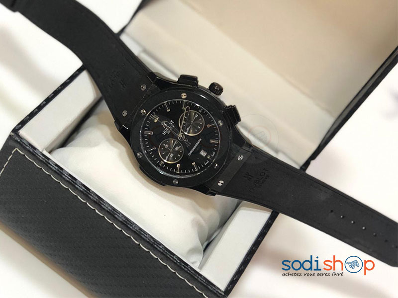 Montre Hublot Noire Pour Homme Bracelet Cuir DIA00169 – Image 2