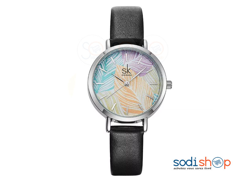 Montre Bracelet en Cuir SK-K8057 Simple Honorable décontracté Pour Femme à Motif Fleuri - SODI00