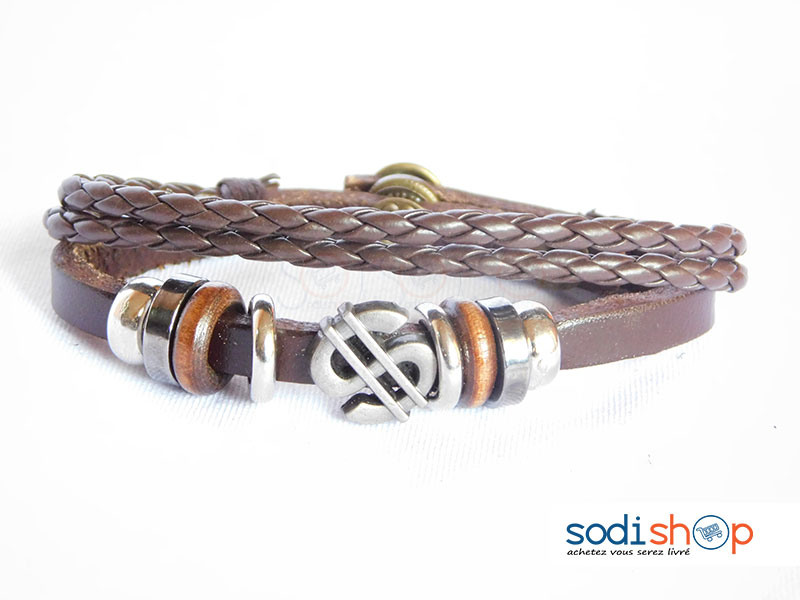 Bracelet En Cuir, Haute Qualité avec Perles, Pour Homme et Femme - Couleur Marron Foncé SODI00