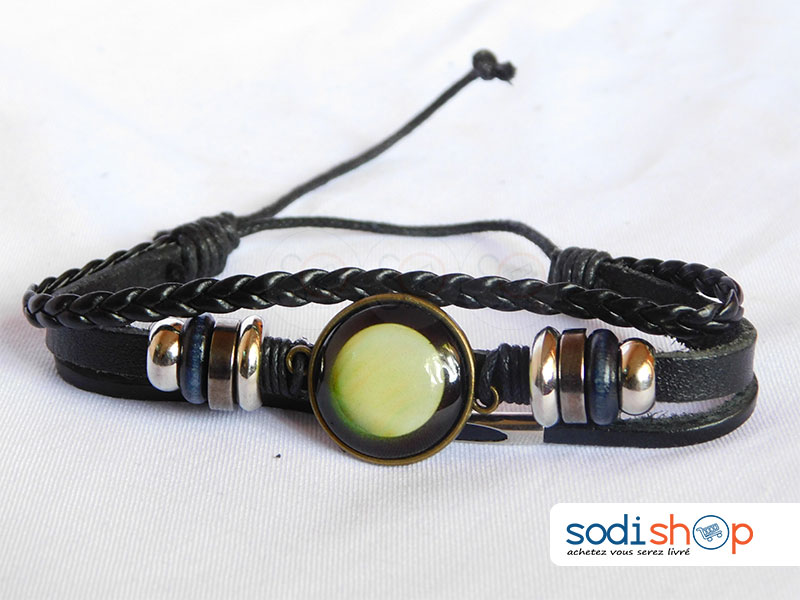 Bracelet avec Boule de Cristal, Class et Elégant, en Cuir de Qualité Supérieure, Pour Homme et Femme - Taille Ajustable, Couleur Noir SODI00
