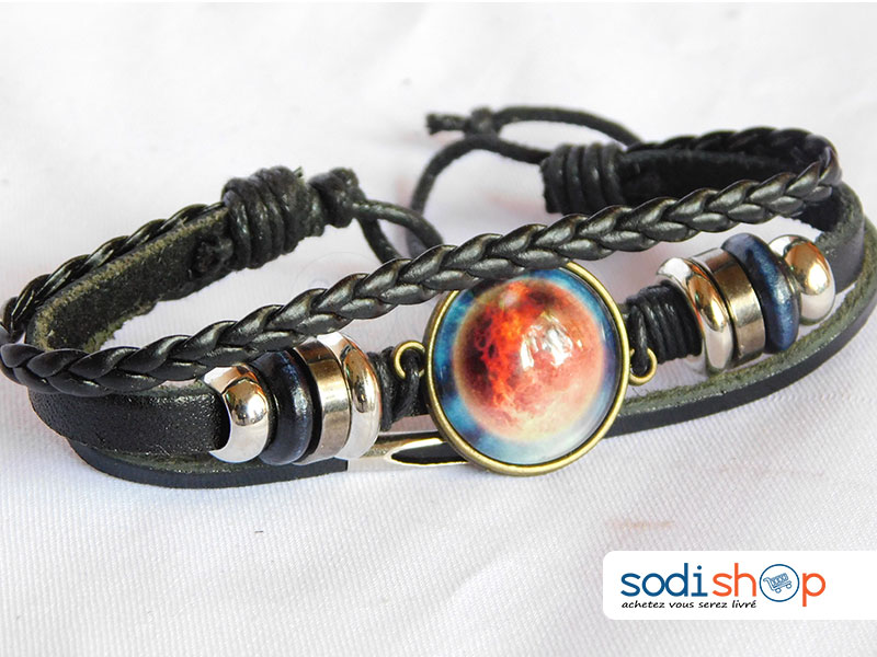 Bracelet En Cuir, Haute Qualité avec Boule de Cristal, Pour Homme et Femme - Taille Ajustable, Couleur Noir SODI00