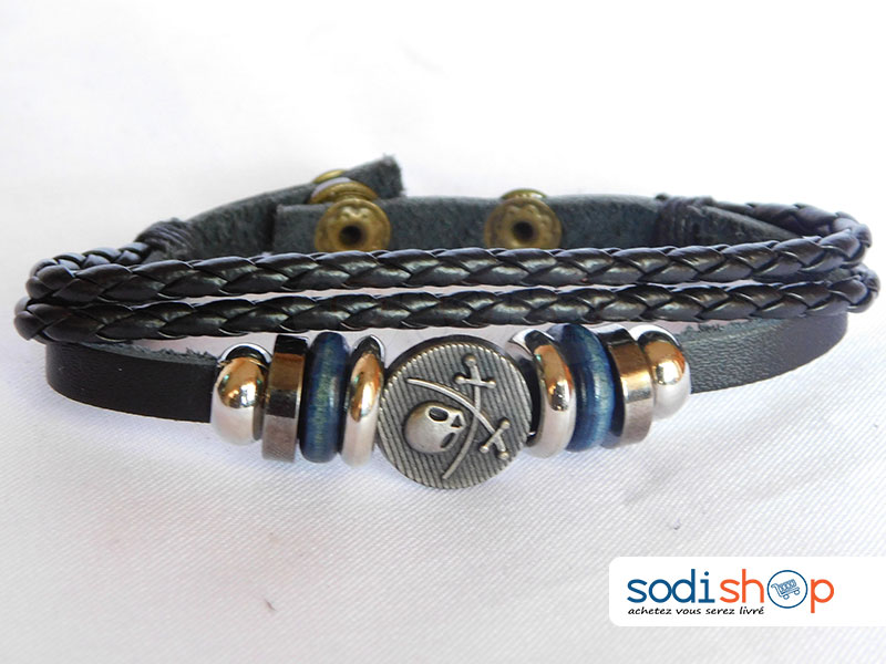 Bracelet Original Pirate, Class et Élégant, en Cuir de Qualité Supérieure avec Bouton Pression, Pour Homme et Femme - Couleur Noir SODI00