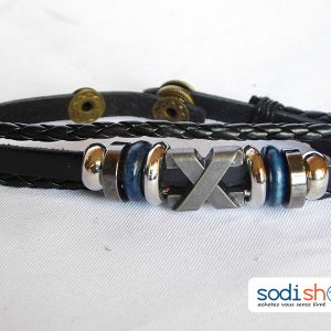 Bracelet En Cuir, Haute Qualité avec Perles, Pour Homme et Femme avec Bouton Pression - Couleur Noir SODI00