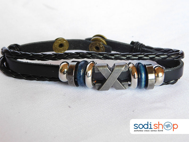 Bracelet En Cuir, Haute Qualité avec Perles, Pour Homme et Femme avec Bouton Pression - Couleur Noir SODI00