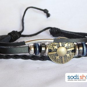 Bracelet En Cuir, Haute Qualité avec Perles, Pour Homme et Femme - Couleur Noir SODI00