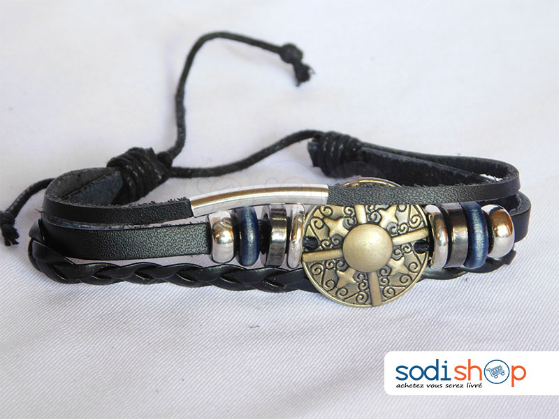 Bracelet En Cuir, Haute Qualité avec Perles, Pour Homme et Femme - Couleur Noir SODI00