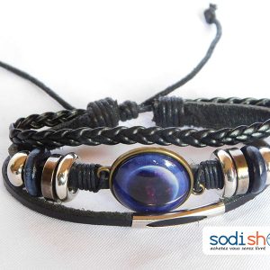 Bracelet en Cuir Mixte Pour Homme et Femme Bleu Perlé SODI00