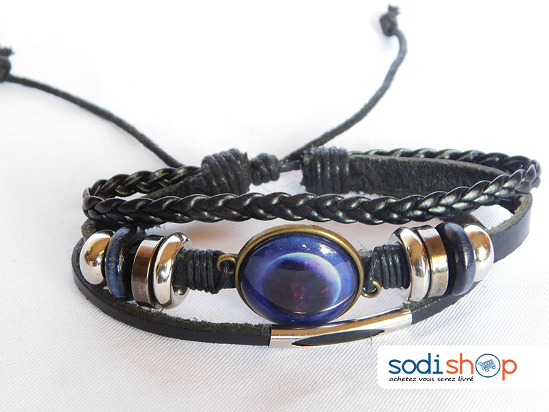 Bracelet en Cuir Mixte Pour Homme et Femme Bleu Perlé SODI00