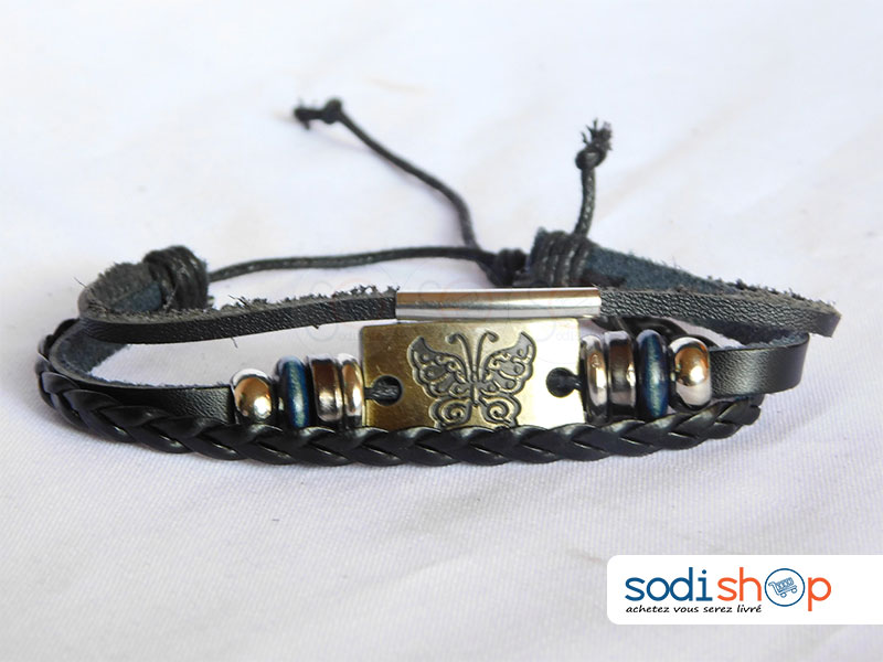 Bracelet en Cuir Pour Femme Bleue à Motif Papillon SODI00