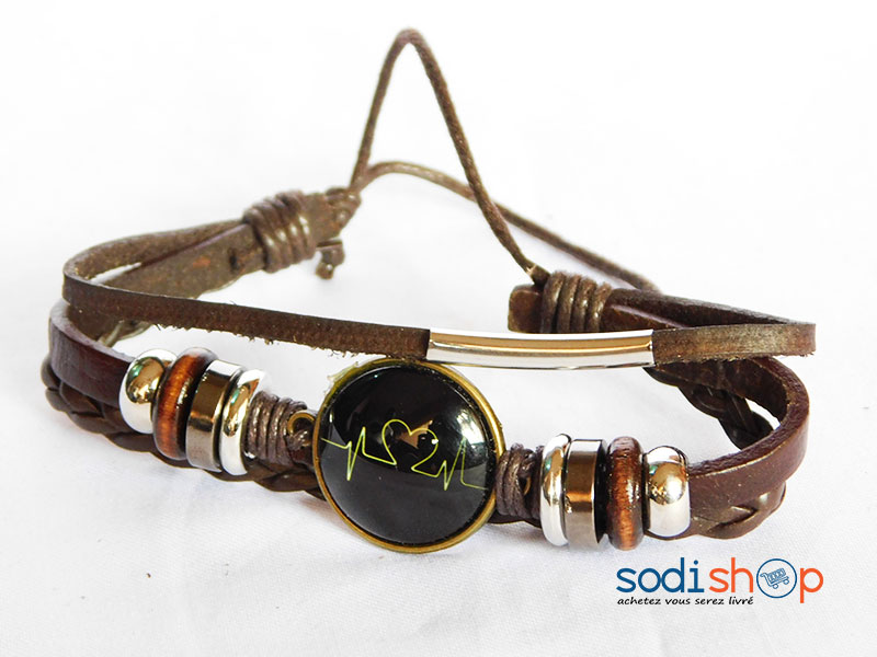 Bracelet en Cuir Synthétique à Motif Cœur Pour Homme et Femme Couleur Marron SODI00