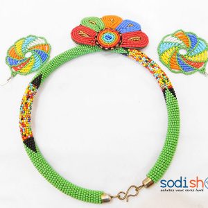 Collier Africain, Ravissant Bijou en Perle + Boucles d’Oreille Ronde, Couleur Vert - Pour Femme MT0077